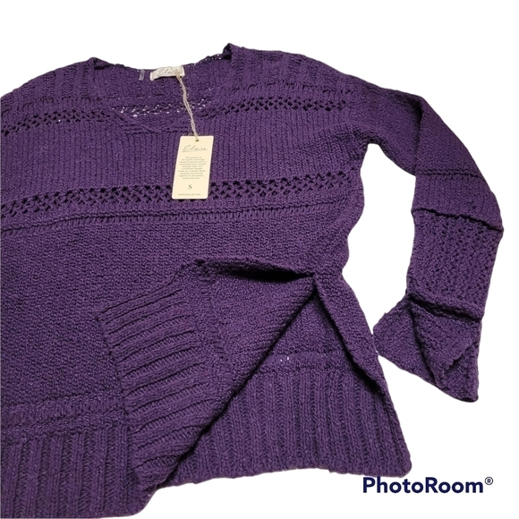 Elan Plum Purple Crochet Knit V-neck Sweater - Picture 5 of 6